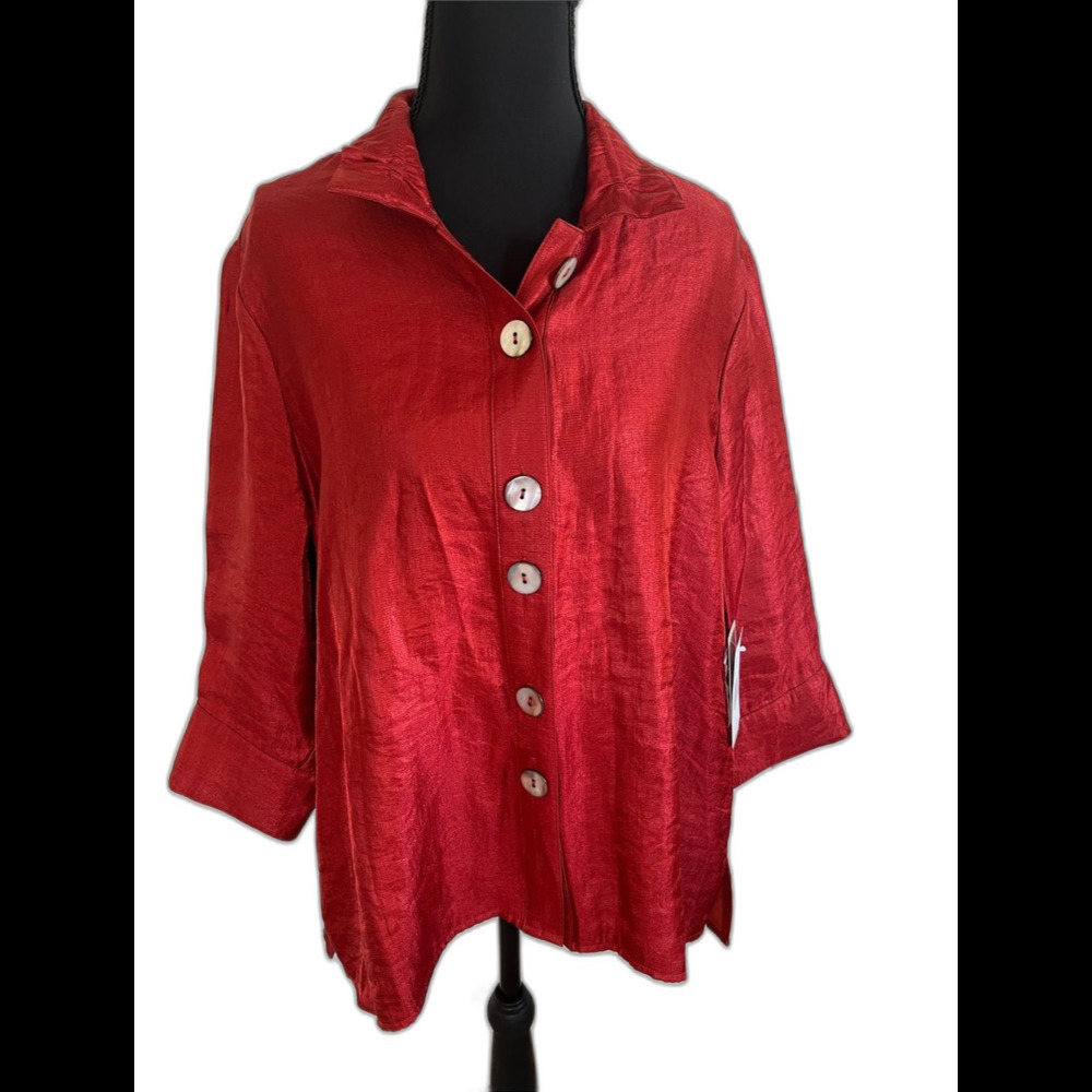 Ali Miles Button-Front Shimmery Tunic in Spice Red/Orange Wire Collar PL NWT